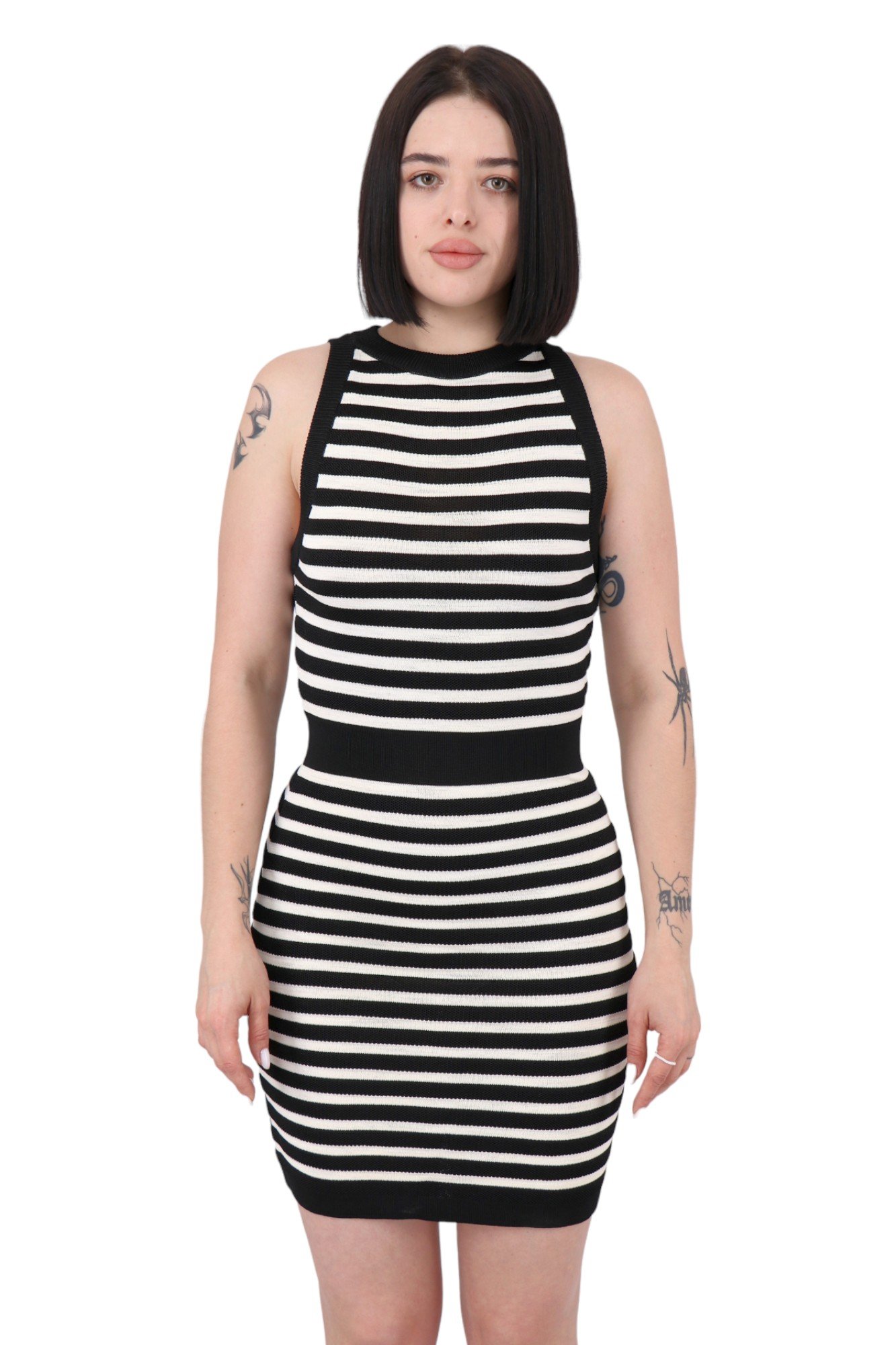 balmain-striped-stretch-knit-mini-dress-in-black-and-white-123668-975m-1 Сукня Balmain Striped Stretch-Knit Mini Dress In Black And White 123668-975M