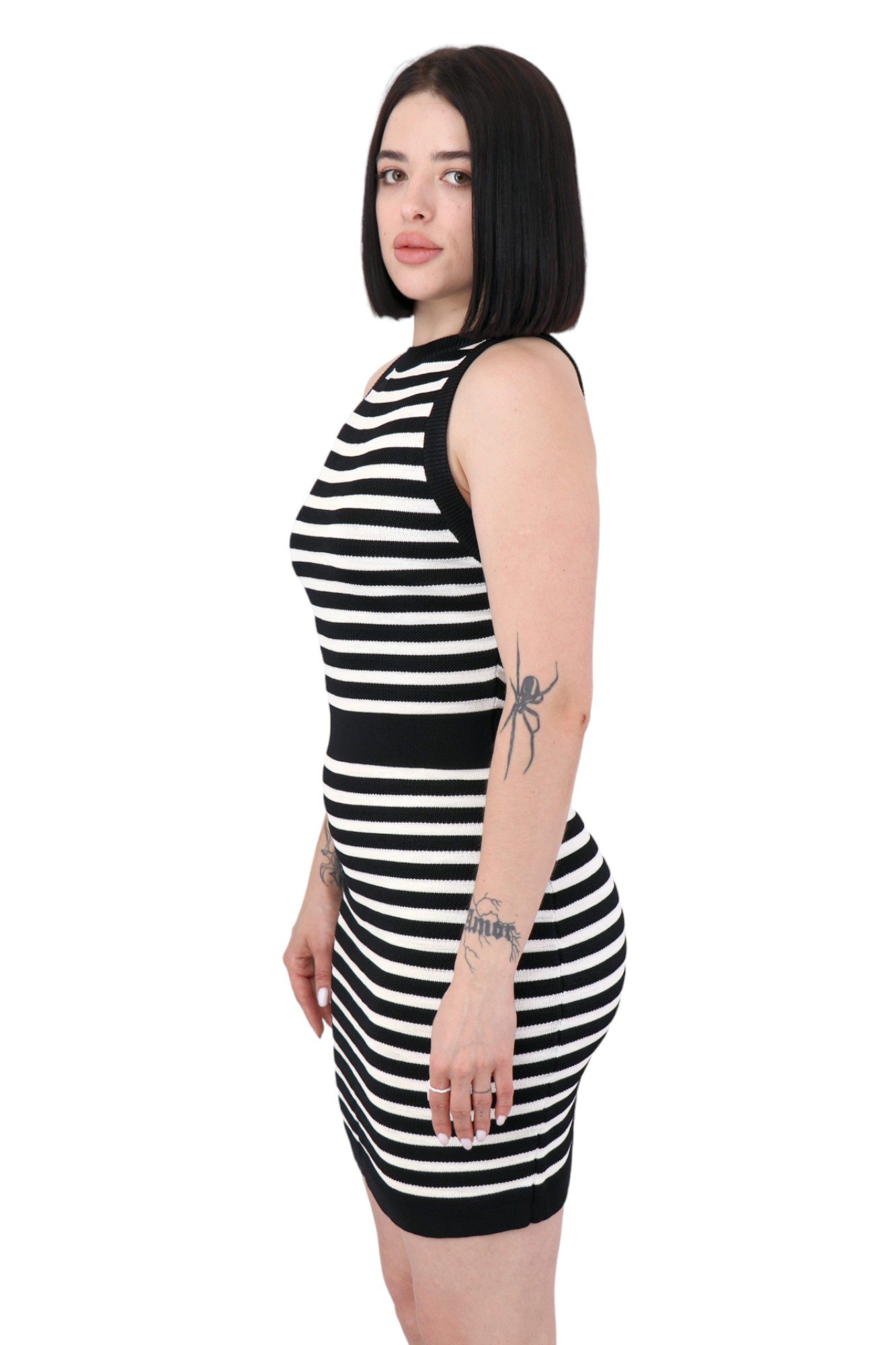 balmain-striped-stretch-knit-mini-dress-in-black-and-white-123668-975m-2 Сукня Balmain Striped Stretch-Knit Mini Dress In Black And White 123668-975M