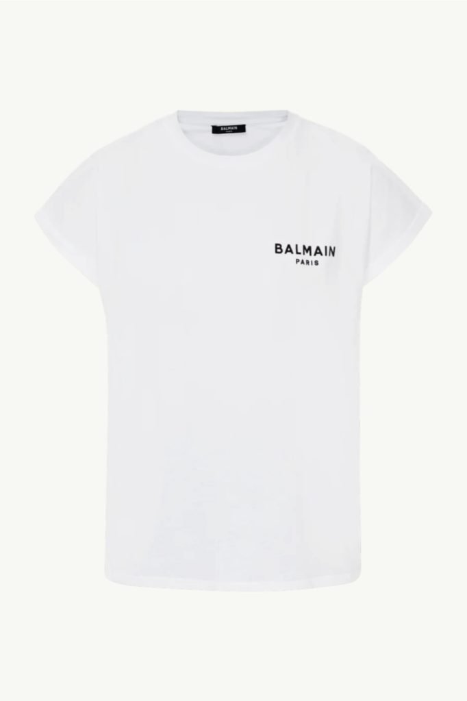 Balmain Flock Logo Print Cotton White TF01351I382