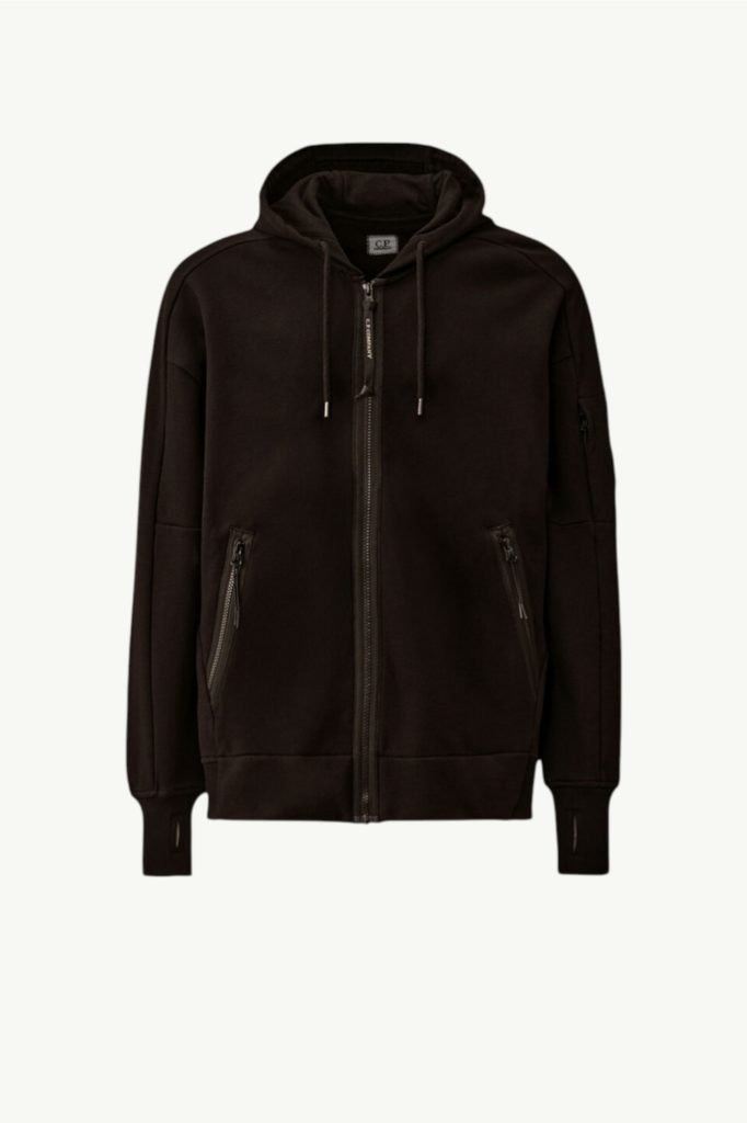 C.P. Company Diagonal Raised Fleece Hooded Full Zip Sweatshirt Black RCCMSS716A-005086W-999