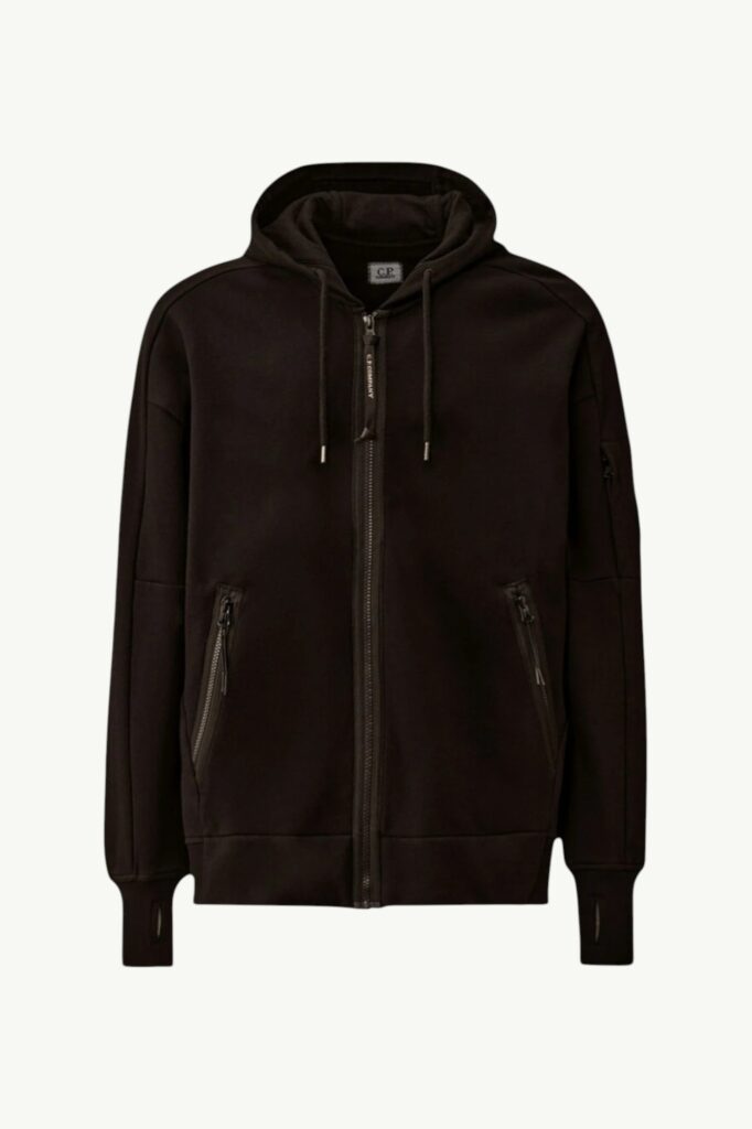 C.P. Company Diagonal Raised Fleece Hooded Full Zip Sweatshirt Black - RCCMSS716A-005086W-999