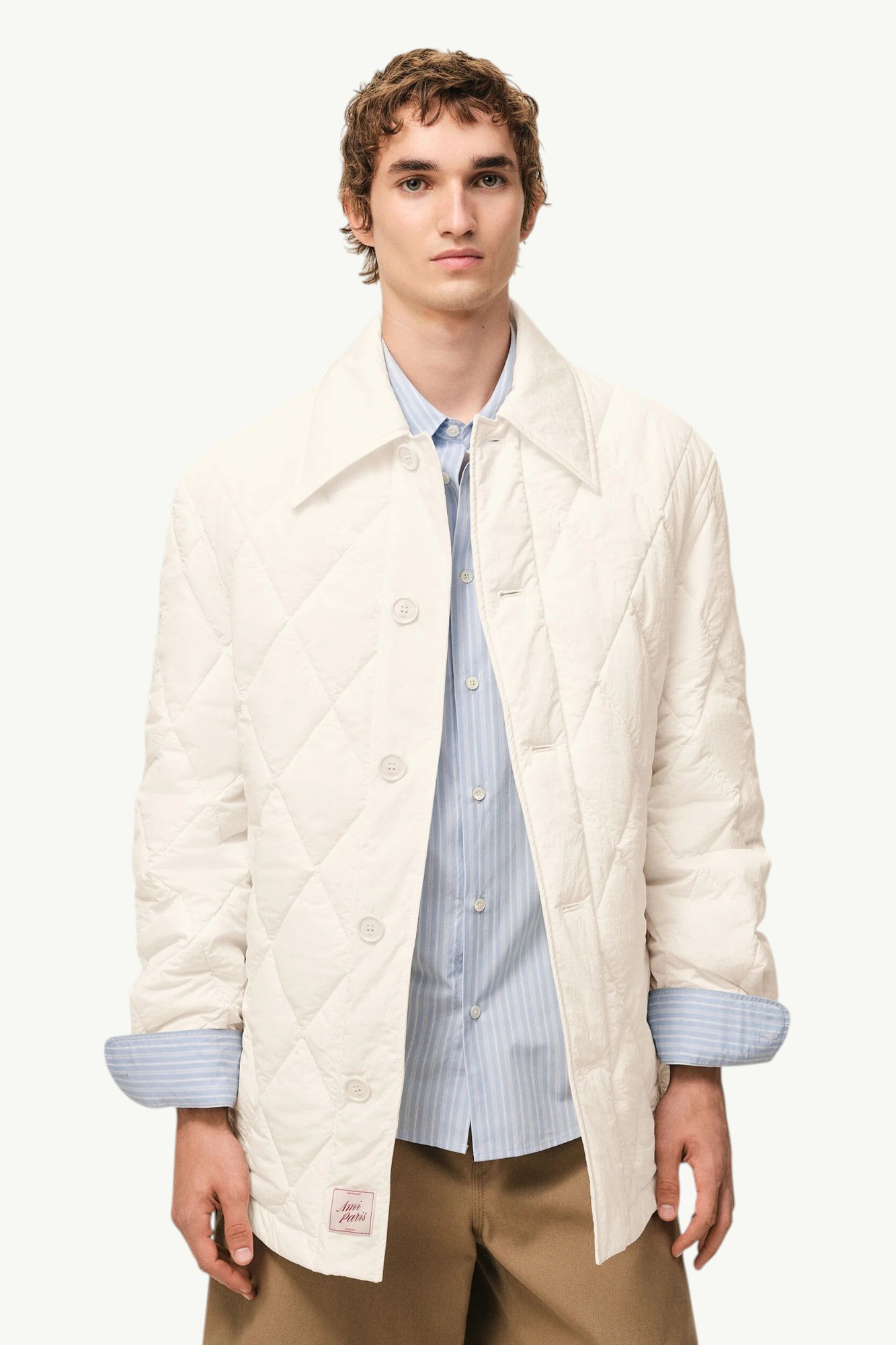 ami-paris-blanche-boutonnee-rembourree-en-nylon-jacket-cream-ujk885pa0117136-1 AMI Paris Blanche Boutonnée Rembourrée en Nylon Jacket Cream - UJK885-PA0117-136