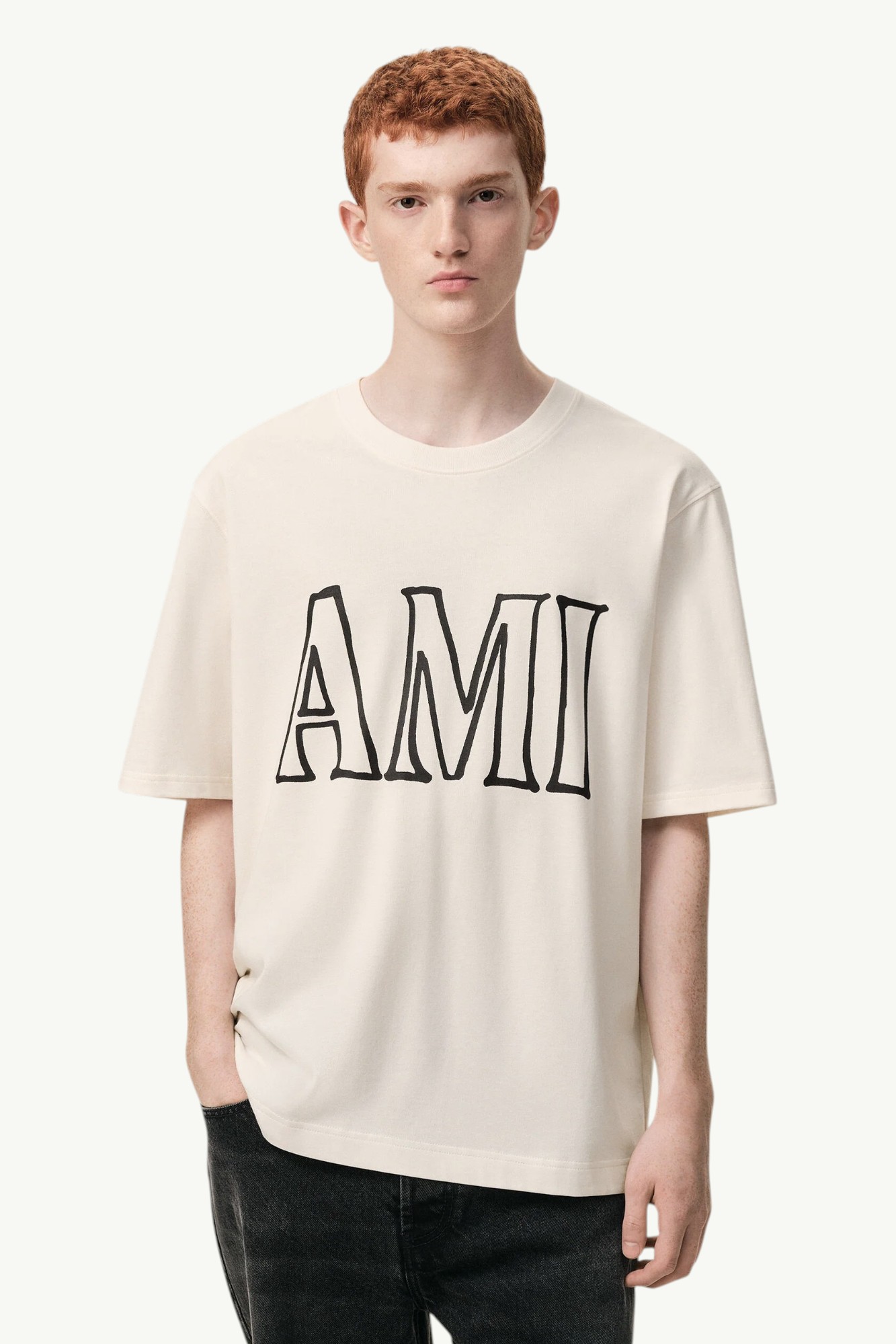 ami-paris-jersey-de-coton-imprime-t-shirt-cream-uts380726136-2 AMI Paris Jersey De Coton Imprimé T-shirt Cream - UTS380-726-136